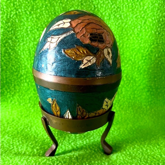 Vintage Brass Cloisonne Egg Trinket Holder on
Brass Stand - Picture 3 of 8
